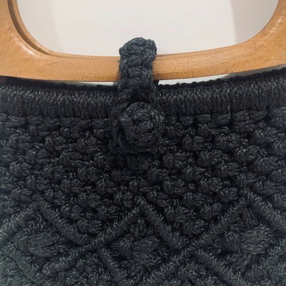 Handmade Black Macrame Faux Wooden Handle Bag New - Picture 2 of 10